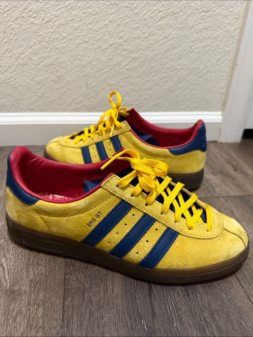 adidas Yellow Suede Sneakers with Navy Stripes and Red Lining